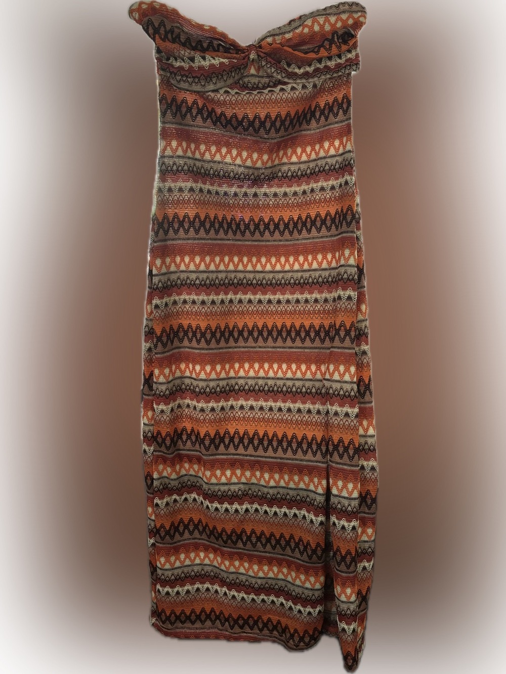Striped Knit Maxi Strapless Dress in Rust and Cream